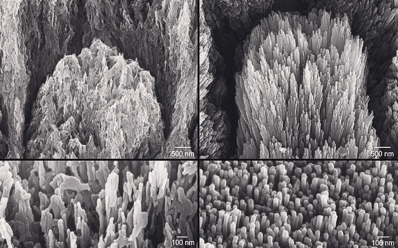 Imagens de microscopia eletrônica de um dente com esmalte desmineralizado mostrando cristais de apatita erodidos (esq) e um dente desmineralizado semelhante após um tratamento de 2 semanas mostrando cristais de esmalte regenerados epitaxialmente (dir)